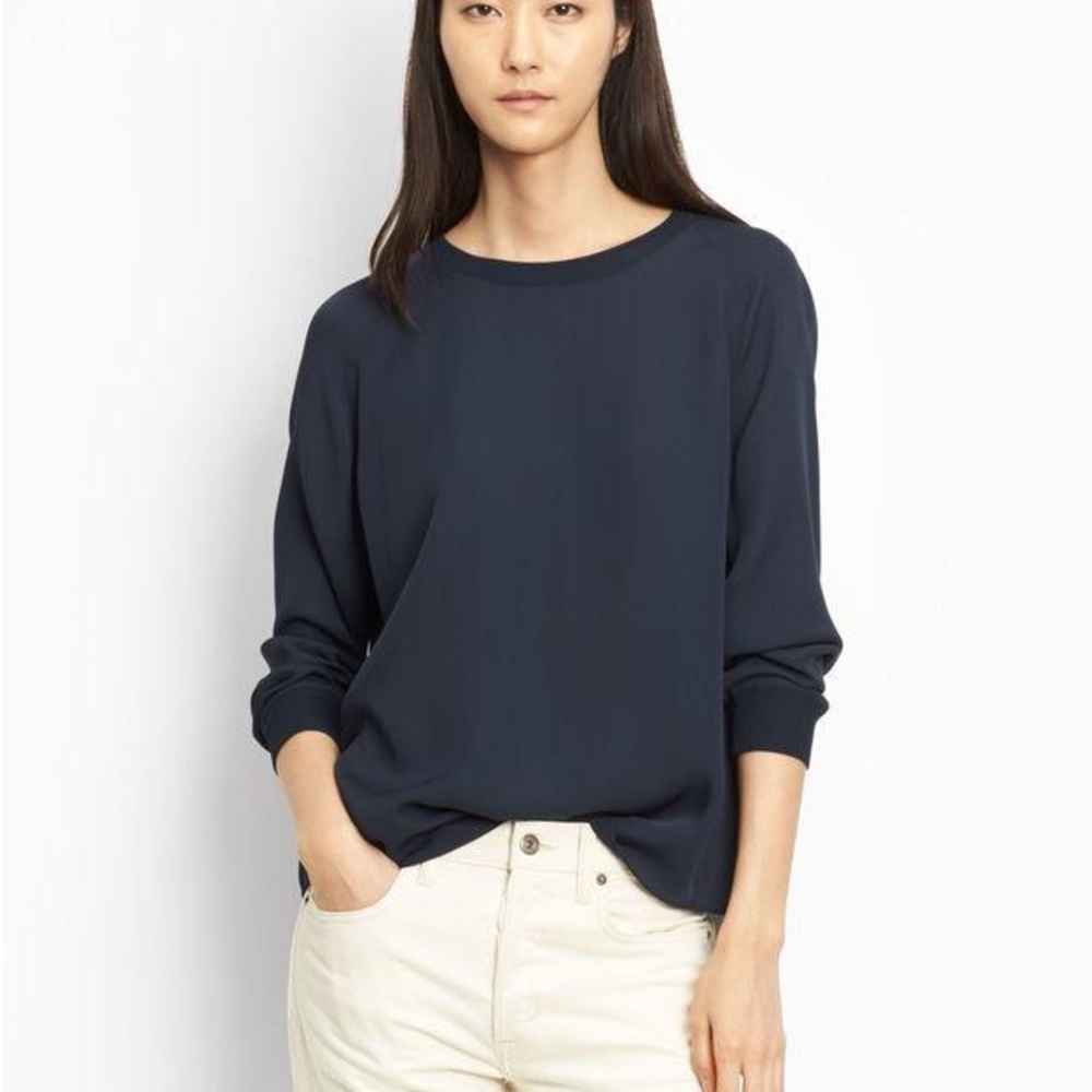 Vince Deep Blue Silk ribbed trim Crew-back